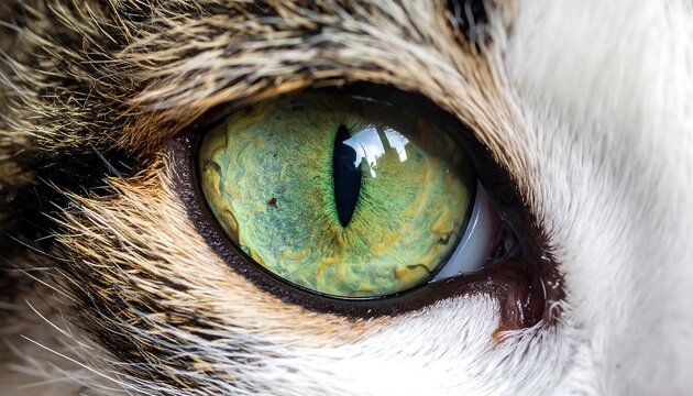Close up of a cats eye with green iris and slit pupil.