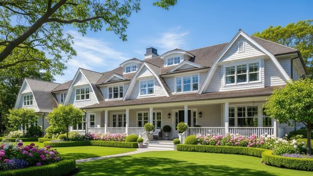 Large white luxury traditional home with manicured green lawn.
