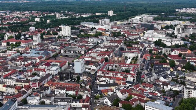 Aerial panorama view around the old town beside the city Hanau am Main in Germany Hesse on a sunny summer noon