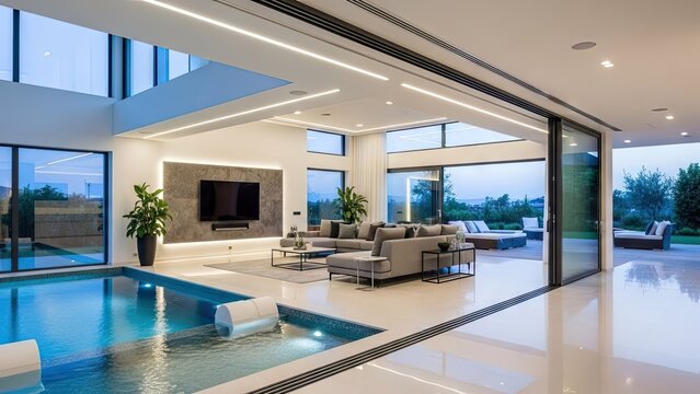 Modern luxury living room with indoor pool.