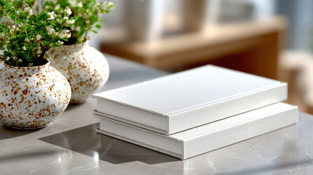 Minimal tabletop mockup with stacked closed white books on marble beside speckled ceramic plant pots for product catalog display, editorial layout and interior styling presentation