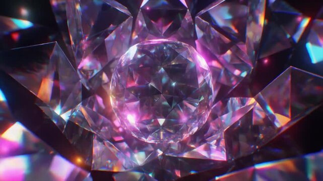 Macro view of rotating glowing crystal gemstone with internal light reflections and colorful prism facets diamond refraction sparkle luxury glitter diamond refraction sparkle luxury glitter