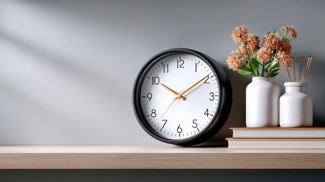 Minimal wall clock on shelf with stacked books and ceramic vases styled still life for time management, home office decor, productivity tips and schedule visuals