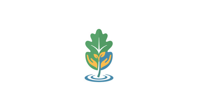 Green leaf with hands and water drops, symbolizing growth, care, and environmental protection.