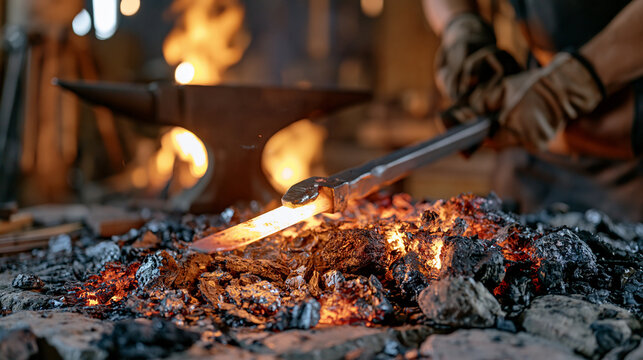 A blacksmith standing in a dim forge in the aftermath of a completed commission, scattered scale and slag on a stone floor around a finished iron piece resting on an anvil, the professional removing