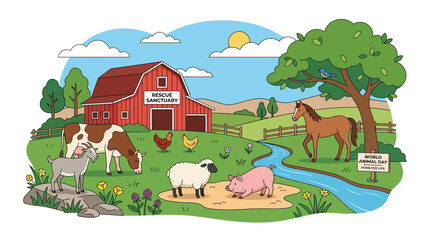 Naklejka premium Cartoon Farm Animal Sanctuary Illustration with Barn and Landscape