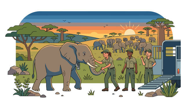 Wildlife conservationists interacting with a rescued elephant in savanna