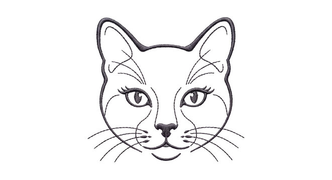 Stylized decorative line art cat face portrait with portrait illustration whiskers monochrome
