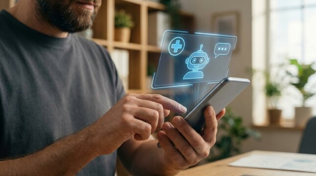 Close up of a man using a smartphone with a holographic AI healthcare assistant interface for virtual medical consultation and remote patient support in a bright home office