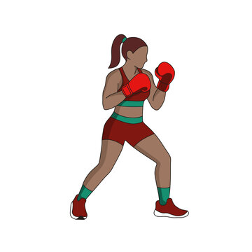 Boxerin in Kampfhaltung mit erhobenen Boxhandschuhen, Sport Illustration