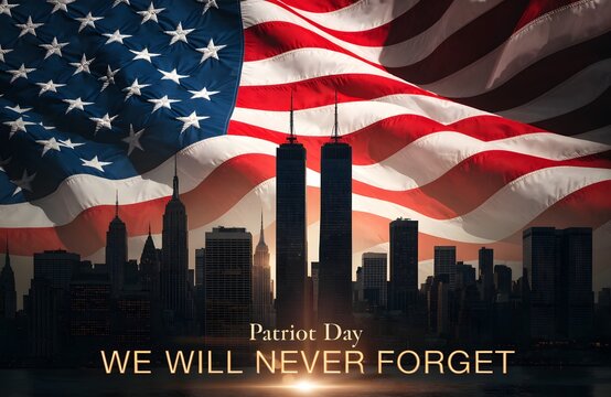 Patriot Day Memorial Background with Twin Towers, New York City Skyline, and Waving American Flag - 911 We Will Never Forget Tribute