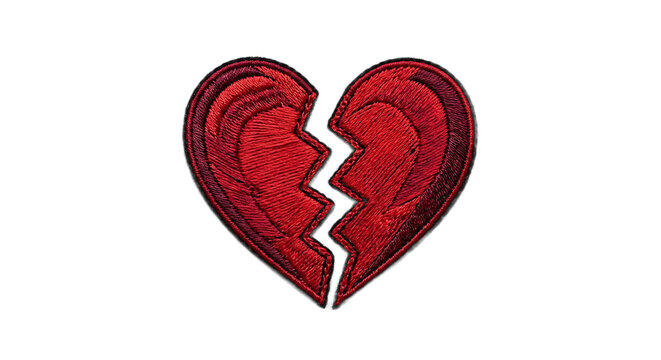 Red glitter broken heart shape patch with isolated separation heartbreak romantic conceptual