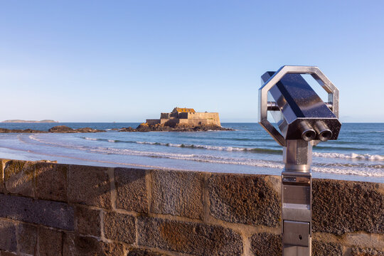 Fort National Viewed from Saint Malo Seawall with Public Binoculars, France