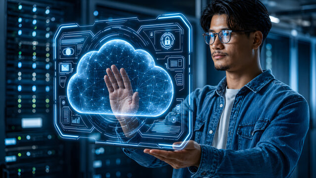 Cybersecurity Specialist Protecting Cloud Network. Concept: Cybersecurity, Cloud Security, Data Protection, Network Defense, Information Technology, Digital Threat Prevention