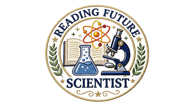 Science education emblem design with microscope atom and open textbook for future scientist
