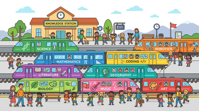 Cartoon children at school station with educational subject trains