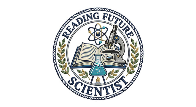 Science study emblem featuring open book microscope and beaker for academic research concept