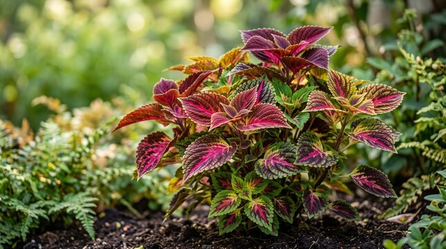 A vibrant coleus plant with striking red, pink, and green variegated leaves thriving in a sunlit garden bed.