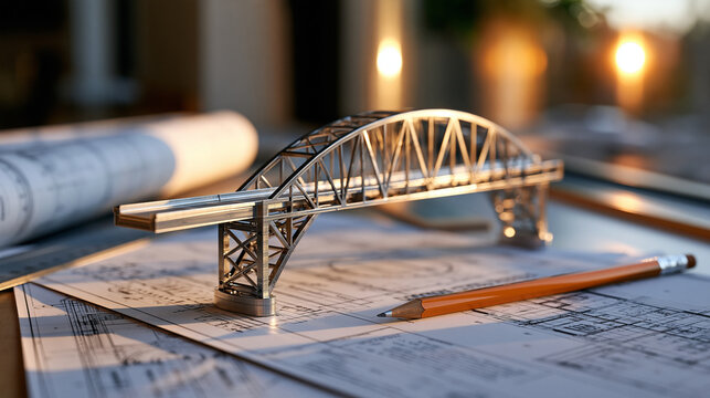 A symbolic still life of structural engineering blueprints, a steel miniature bridge model, and a caramel-toned drafting pencil arranged on a hospital corridor windowsill, the amber light from outsi