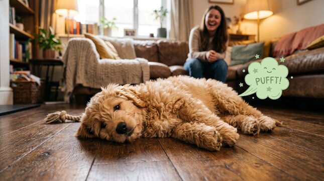 A golden retriever puppy lies on a wooden floor in a cozy living room while a woman laughs on the sofa, with a "PUFF!" speech bubble indicating flatulence.