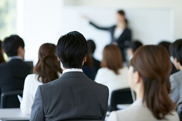 Obraz premium ビジネスセミナーで熱心に講師の講義を聞くビジネスパーソン