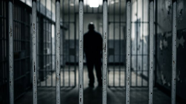 A dark, gritty image of a person's silhouette standing in a prison cell, viewed through the metal bars, conveying a sense of confinement and despair.