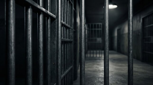 Dark and foreboding view inside a prison cell block with metal bars.