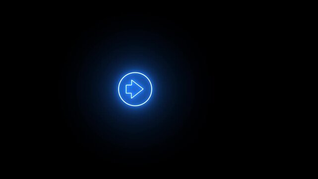 Blue neon arrow right icon glowing against deep black background a bright pointing to the right, centered within a circular frame