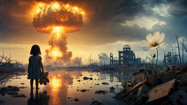 Little girl with teddy bear standing in front of atomic explosion and destroyed city building. Hiroshima Day memorial concept depicting war tragedy, destruction and hope for peace.