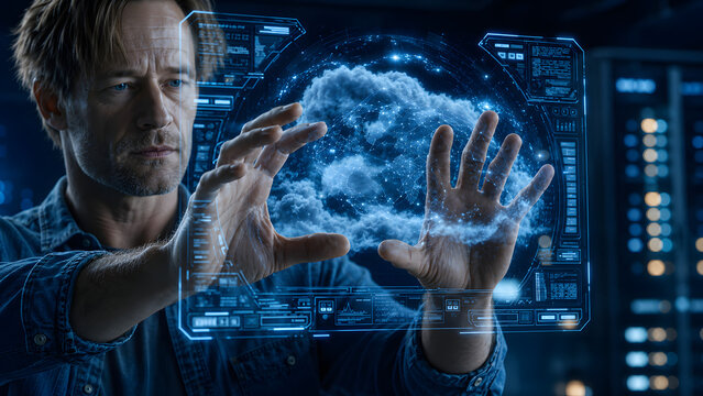 Cybersecurity Specialist Protecting Cloud Network. Concept: Cybersecurity, Cloud Security, Data Protection, Network Defense, Information Technology, Digital Threat Prevention