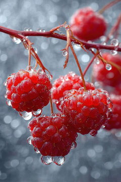 Vibrant red raspberries adorned with sparkling dew drops against a soft blurred silver background with raspberries hanging branch