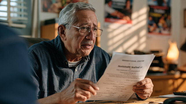 An elderly recovery coach in a candlelit community center office holds laminated sustainable seafood sourcing certificates across a worn wooden desk, deep expression of lived wisdom on his lined fac