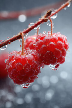 Fresh vibrant raspberries hanging from twig drenched with clear morning dew drops macro close with raspberries covered glistening
