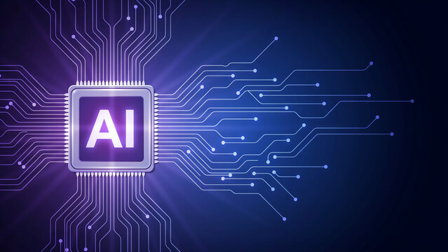 Artificial intelligence chip concept. Digital processor with glowing circuit board lines.