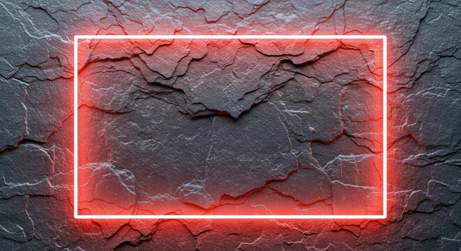 Glowing red neon rectangle frame on dark slate wall.