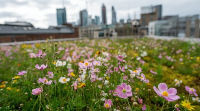Closeup on native pollinator flowers thriving on a school rooftop with detailed petals in focus and a blurred urban skyline beyond