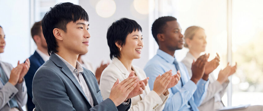 Business audience clapping at corporate seminar in a bright modern office with diverse professionals dressed in elegant suits appreciating a successful business presentation