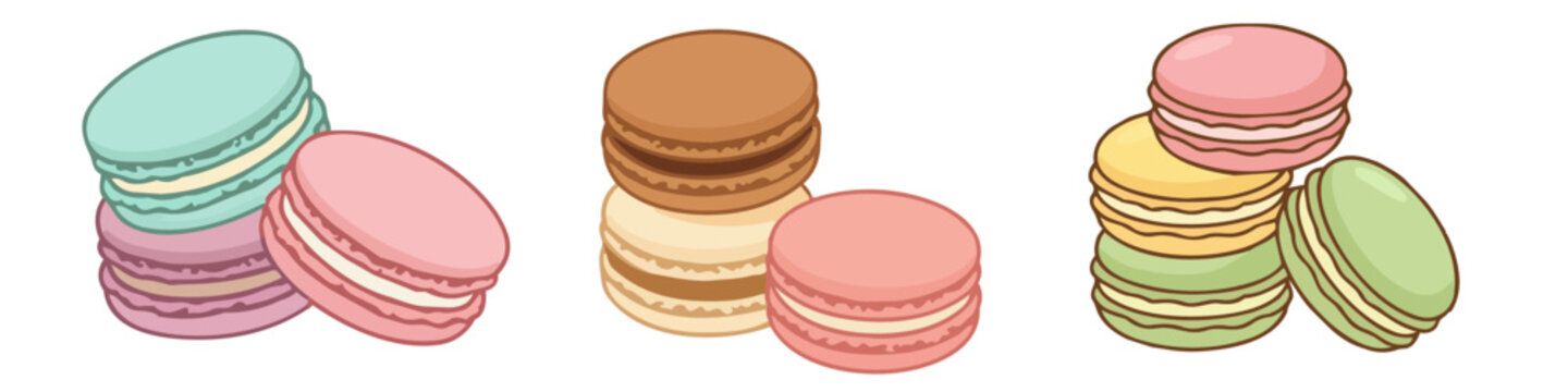 Cute French macaron cookies vector illustration set, colorful sweet pastry desserts with cream, coffee and tea doodle icon isolated on white background