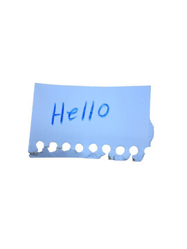 Blue paper note with handwritten hello message