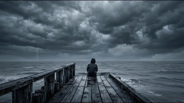 Person in hoodie sitting on wooden pier watching dark storm clouds over moving ocean waves in this dramatic video clip