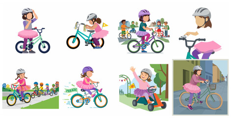 Fototapeta premium Set of flat vector illustrations featuring cute children riding bicycles and scooters in outdoor settings wearing helmets for safety