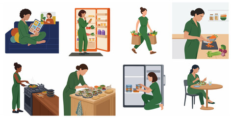 Fototapeta premium Healthy meal prep routine flat illustration set showing a woman shopping, cooking, and organizing nutritious meals at home