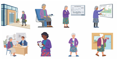 Fototapeta premium Senior women health care flat vector illustration set featuring medical checkups, clinic visits, health data tracking, and doctor consultations.