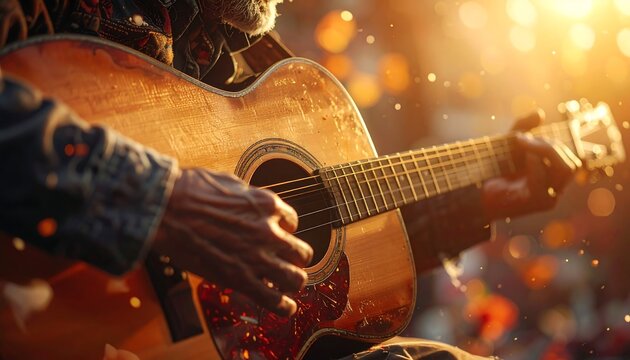Close up of a classic acoustic guitar with warm lights.