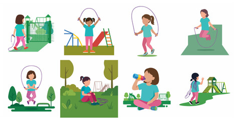 Fototapeta premium Vector illustration set of a little girl skipping rope and playing at the park playground
