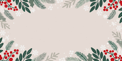 Floral and evergreen boughs pattern illustration with red berries on a neutral beige background botanical branch christmas conifer decoration design foliage frame frost © Debashis