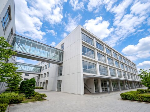 渡り廊下を持つ明るい現代的な大学校舎と青空