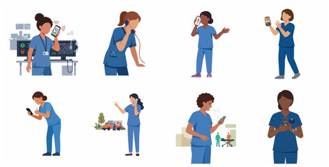 Fototapeta premium Set of diverse female nurses and medical staff using smartphones for healthcare communication and emergency services