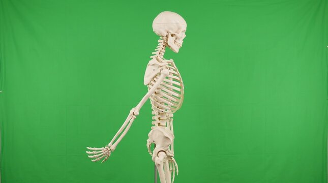 Human skeleton model demonstrating medical anatomy. 3D bone structure for educational health science illustration.