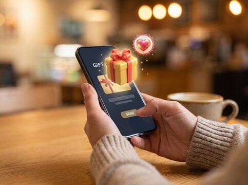 Close up of hands holding smartphone to send digital 3D gift box with red ribbon and heart icon in cozy cafe